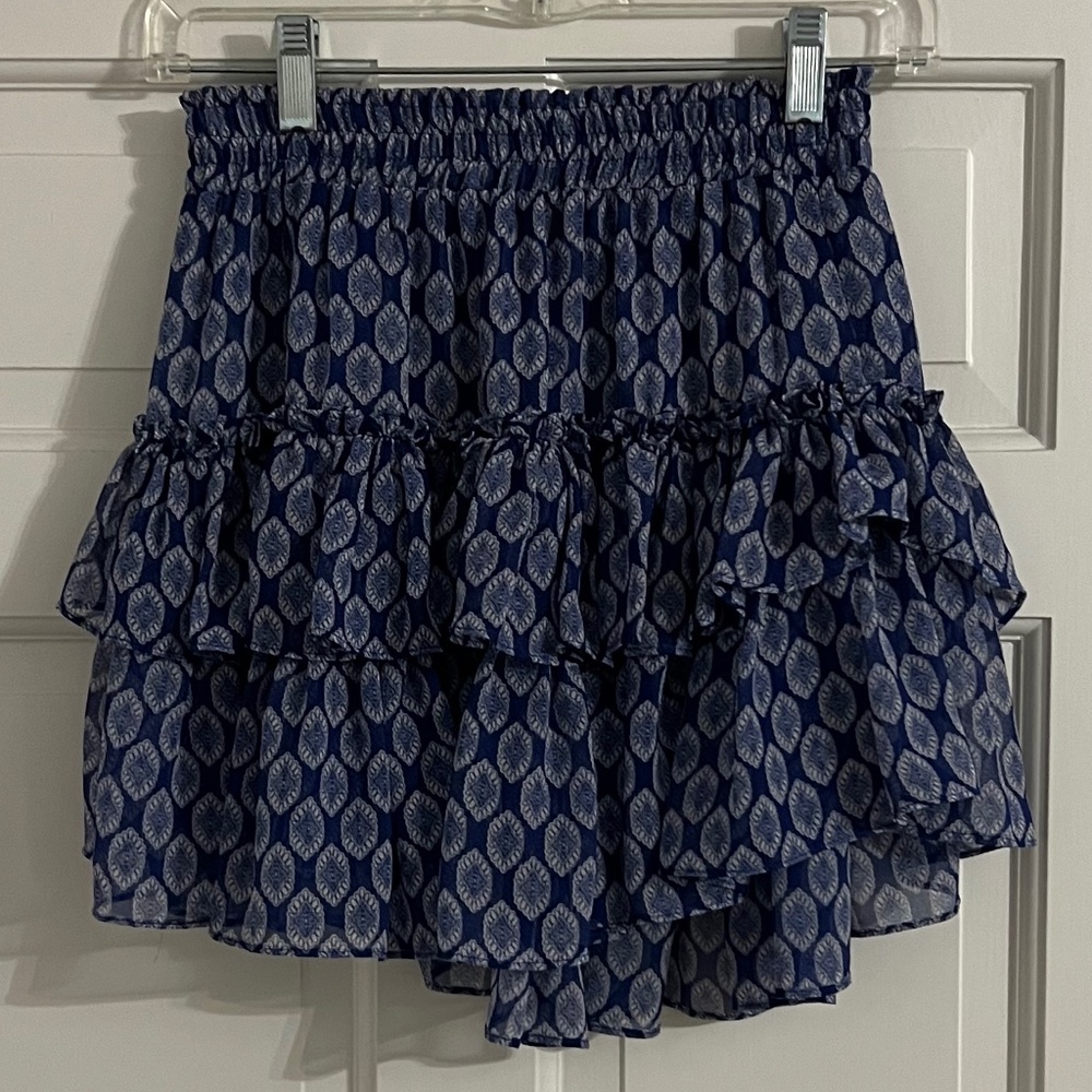 MISA Los Angeles Women's Blue Tile Print Tiered Ruffle Mini Skirt